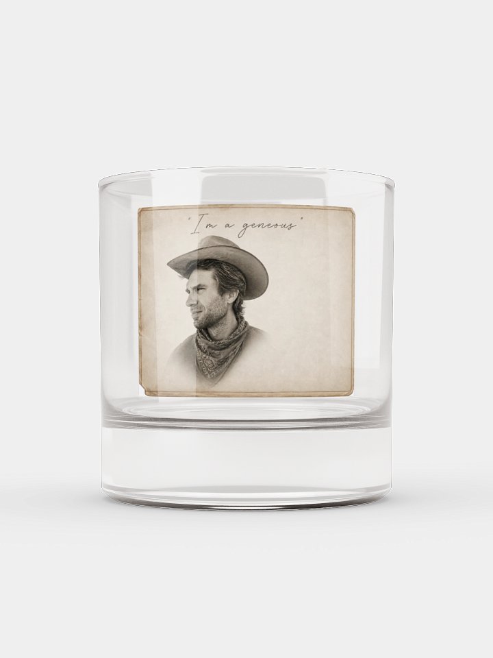 Clear rocks glass featuring a vintage-style portrait of Shane Camp
