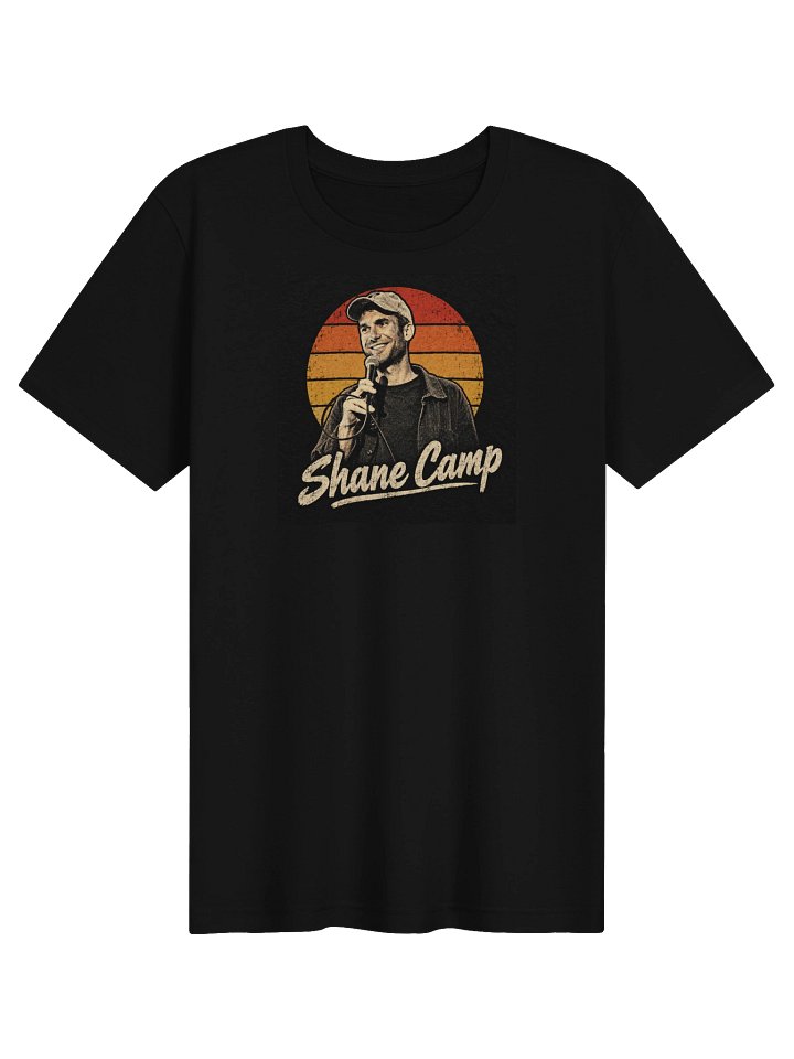 Black Shane Camp T-shirt with a retro sunset portrait and Shane Camp lettering
